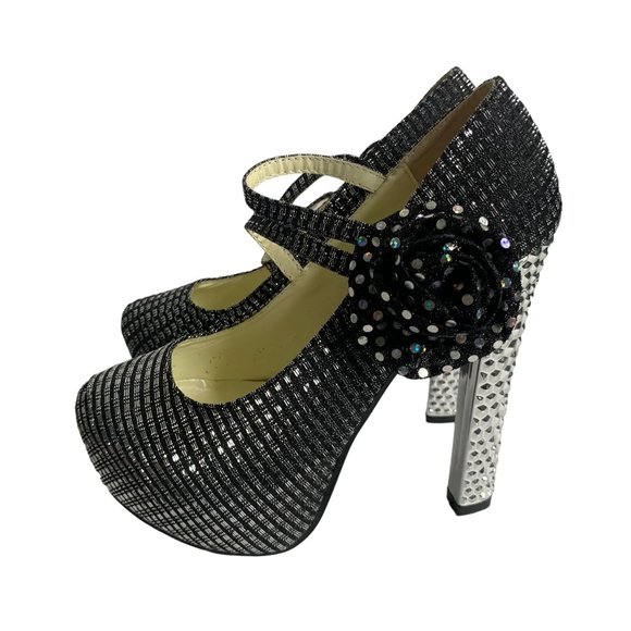 Gatuxus Metallic Platform High Heels Womens 7 Black Silver Straps Flower - Picture 5 of 9